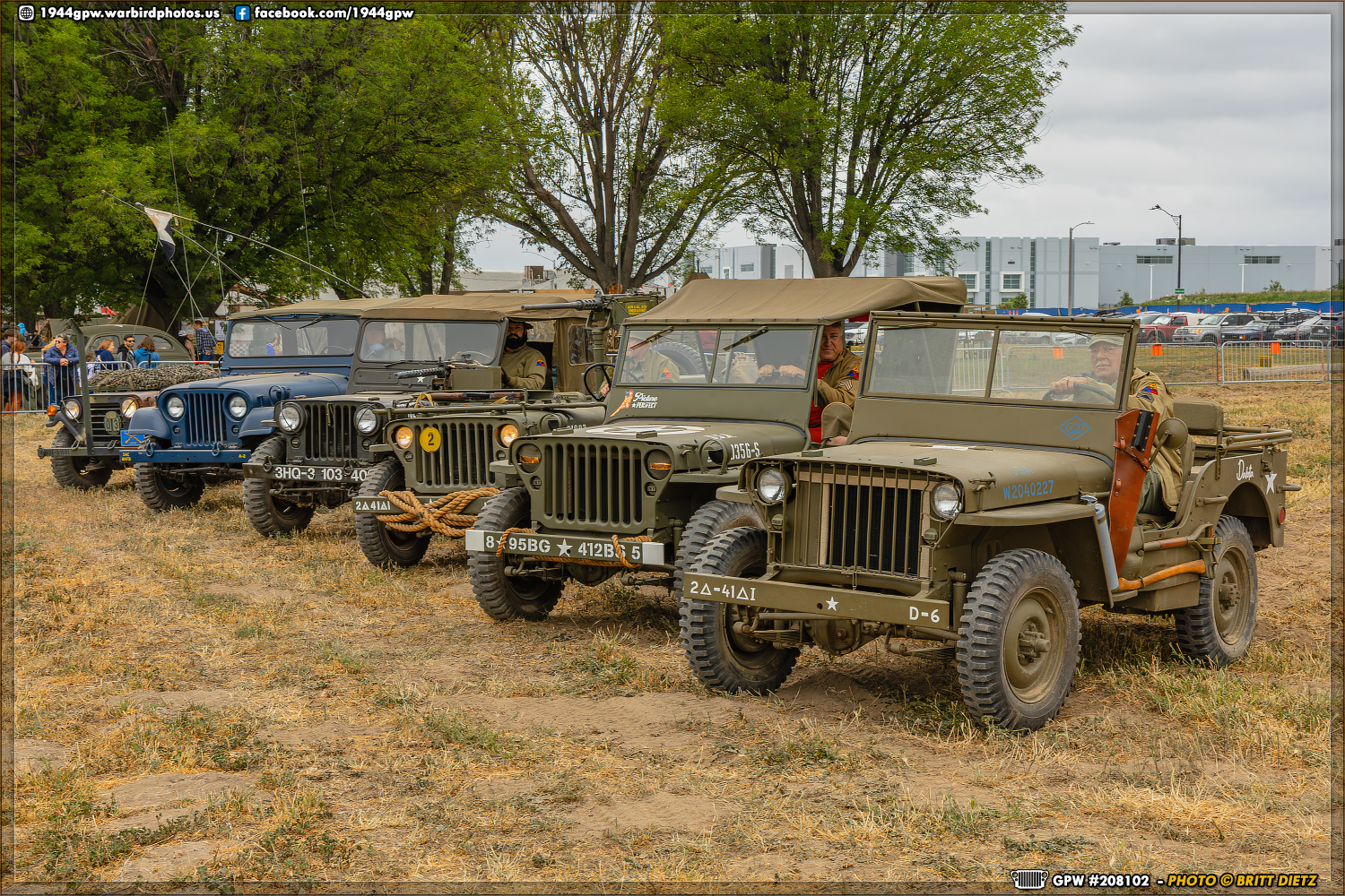 Several different Jeeps from different eras of military service line up at the 2025 Wings, Tracks, and Wheels event at Chino Airport.